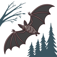 Cartoon bat flying in a forest with tall trees 
