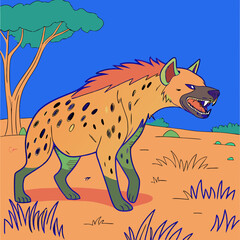Cartoon hyena walking in a colorful savannah landscape 