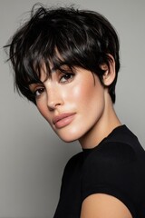 Striking portrait of a woman with a sleek tousled pixie cut exuding confidence and sophistication