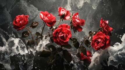 Floating red roses in black water with dramatic lighting for artistic dark floral surreal photography composition