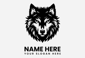 Intricate black silhouette vector logo of a fierce wolf head with detailed fur patterns and piercing eyes symbolizing wilderness power