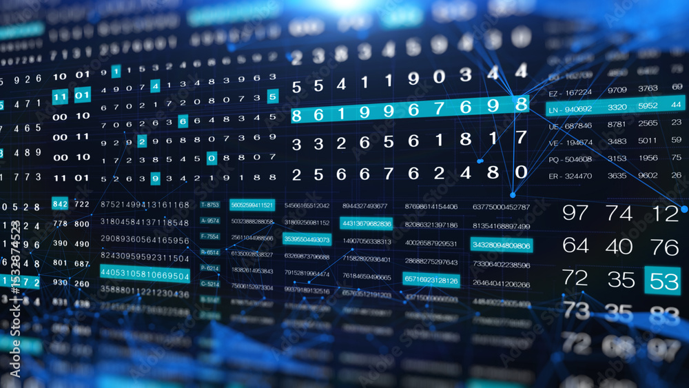 Poster HUD Futuristic Digital Data Number Code Animation Perspective View With Low Poly illustration. Abstract Binary Decimal Number Monitor Display.