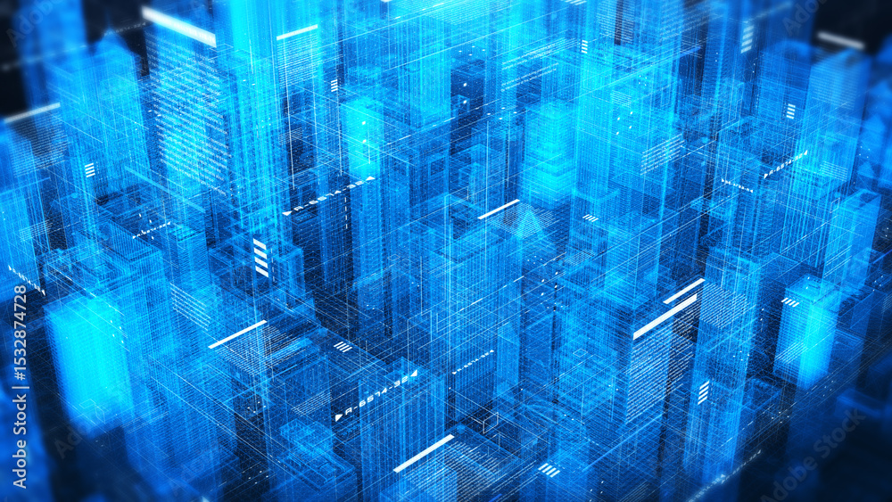 Poster Futuristic smart city, skyscraper with hud digital ui system panel. Security data network communication illustration background.