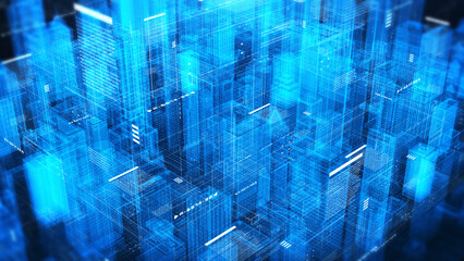 Futuristic smart city, skyscraper with hud digital ui system panel. Security data network communication illustration background.
