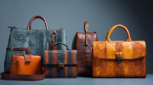 Set of leather bags in stylish display for fashion product photography craftsmanship elegant accessory travel