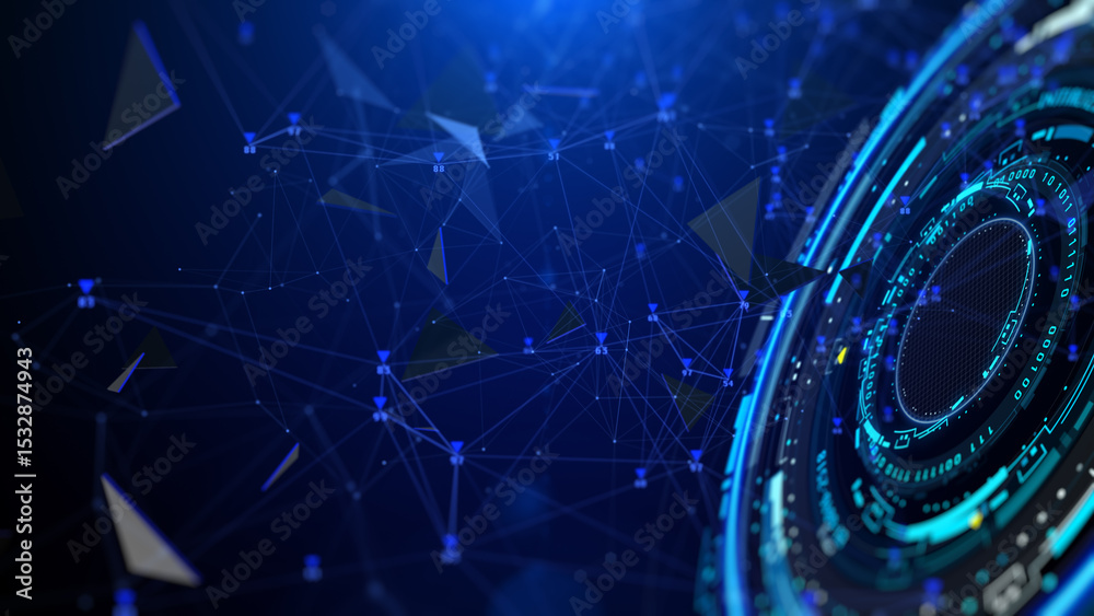 Poster hud hologram circle elements spinning with blue low poly organic wave. technology data system connec