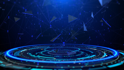 HUD GUI hologram circle rotating with data flowing connection technology system. Futuristic digital network processing information illustration.