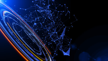 HUD GUI hologram circle rotating with data flowing connection technology system. Futuristic digital network processing information illustration background.