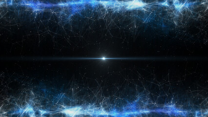 Abstract white and blue nebula organic particle flowing with low poly line dot connection illustration background