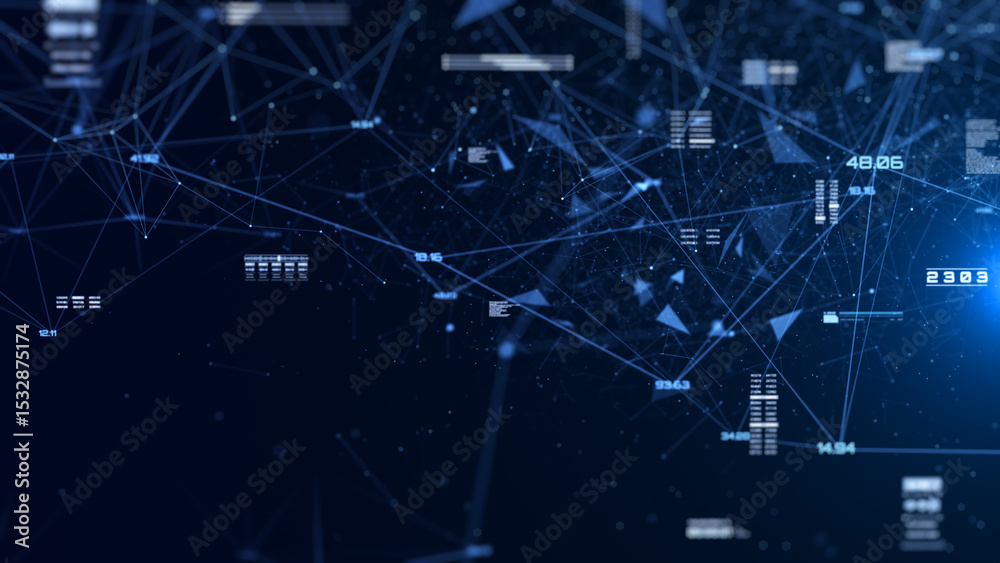 Leinwandbilder Futuristic Technology Background Design. Plexus Digital Blue Color Dots, Line, Triangle, Binary Number Data Flowing Connection Structure on HUD System. Abstract 3D Illustration.