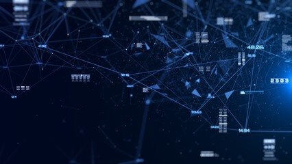 Futuristic Technology Background Design. Plexus Digital Blue Color Dots, Line, Triangle, Binary Number Data Flowing Connection Structure on HUD System. Abstract 3D Illustration.