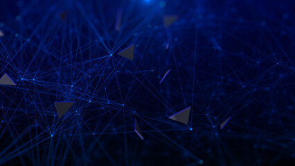Technology futuristic polygon geometric network connection illustration graphic. Abstract triangle organic spinning pattern on blue background
