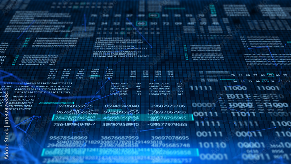 Leinwandbilder HUD Futuristic Digital Number Code With Data Connection Background. Abstract Binary Decimal Number Monitor Display Perspective View Illustration.