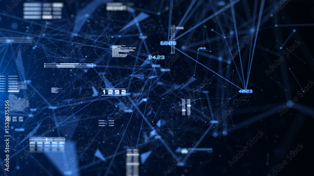 Poster Futuristic Technology Background Design. Plexus Digital Blue Color Dots, Line, Triangle, Binary Number Data Flowing Connection Structure on HUD System. Abstract 3D Illustration.