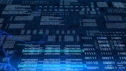 HUD Futuristic Digital Number Code With Data Connection Background. Abstract Binary Decimal Number Monitor Display Perspective View Illustration.