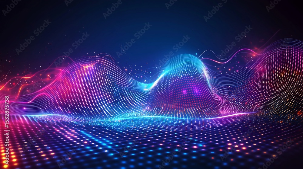 Poster abstract digital landscape with glowing particle waves in dynamic color gradients