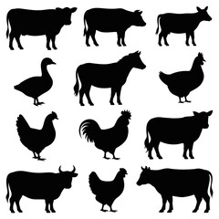 Silhouettes of farm animals including cows and fowl