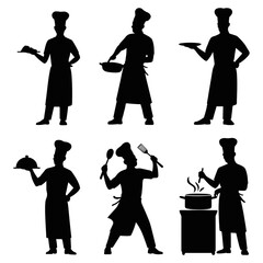 Silhouettes of chefs with cooking utensils poses