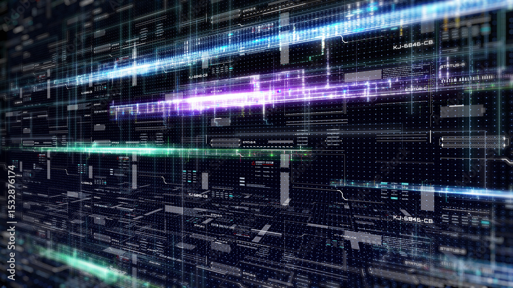 Aufkleber Technology digital glow line hologram perspective view concept. HUD UI system hologram, ai construction illustration background