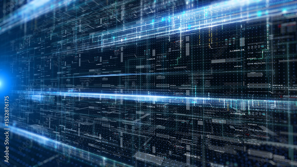 Poster HUD technology digital cyberspace data network connection perspective view illustration background.