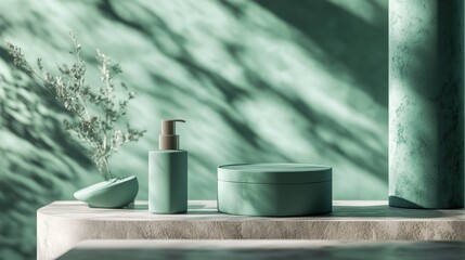Green bathroom interior with sunlight shadows ceramic bottles elegant spa scene clean minimal natural style