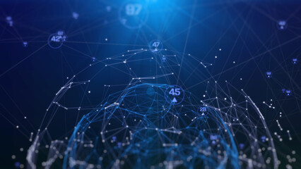 Global sphere network connection technology spinning on blue background. Plexus mesh geometric, wireframe, polygonal line illustration