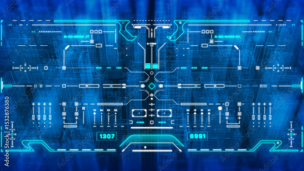 Poster Technology HUD Screen Visual Data Tracker Aerial View Fly Through Over Blue Digital Building Processing System illustration