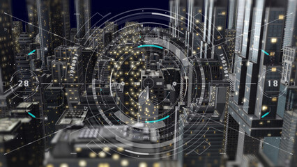 HUD Technology Monitoring Aerial View Screen System. Drone Data Analysis Fly Through 3D Building In Night Time illustration