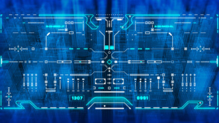 Technology HUD Screen Visual Data Tracker Aerial View Fly Through Over Blue Digital Building Processing System illustration