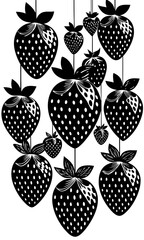Black and white graphic strawberries, hanging in a pattern.