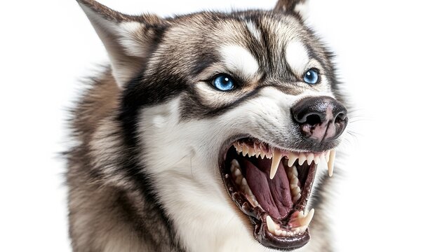 Close-up view of a husky dog's head with its mouth open wide.
