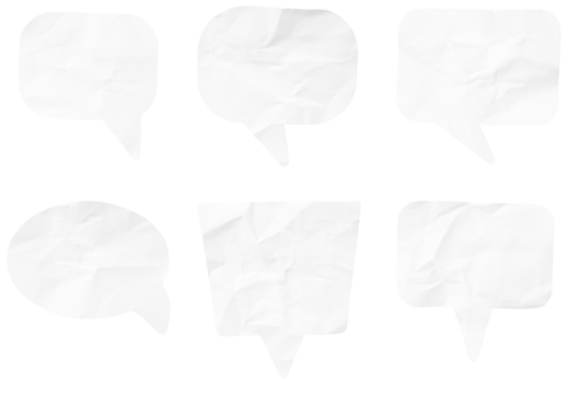 set of Wrinkled white paper speech bubble cut out. Template mock up