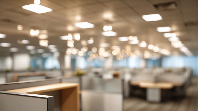 Defocused Office Scene with Cubicles and Overhead Lighting Effects