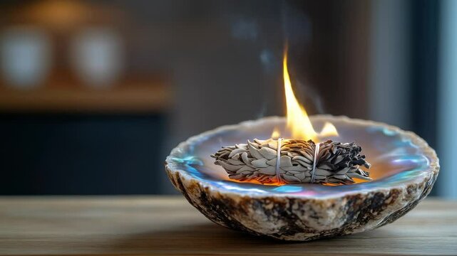 Burning sage smudge in a shell dish