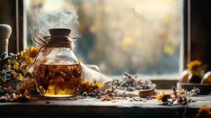 Vintage teapot and herbs in warm setting with natural light cozy tea ceremony background mood