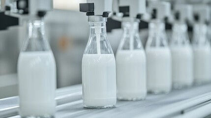 High-Speed Dairy Production Line with Bottles of Fresh Milk in Filling Section