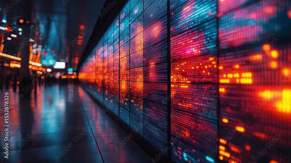 Poster night city data stream: vibrant streaks of data flow across a massive led screen in a futuristic cit