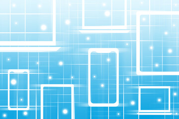 青のグラデーションでテクノロジーをイメージしてパソコン、スマートフォン、タブレットと線や円でデザインしたイラストの背景、壁紙