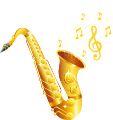 Flat golden saxophone is tilting on transparent background, emitting staff lines, notes and clef