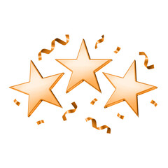 Three gold stars are floating over transparent background in 3D render with ribbons and confetti