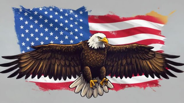 Bald Eagle Soaring Over American Flag - A majestic bald eagle with its wings spread wide is depicted in front of a tattered American flag.