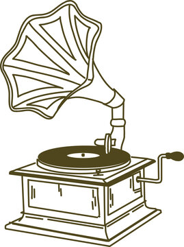 Fototapeta Line art is showing gramophone horn speaker turntable record wooden base transparent background