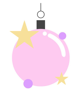 Naklejki Pink ornament is hanging in flat design, black cap, stars and circles on transparent background