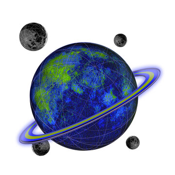 Naklejki Flat design showing four wireframe moons orbiting planet with gridlines, ring, transparent backdrop