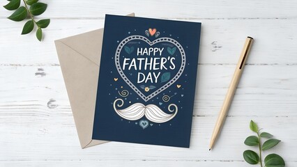 Happy Fathers Day Greeting Card Design with Lovely Heart and Mustache on Dark Blue Background.