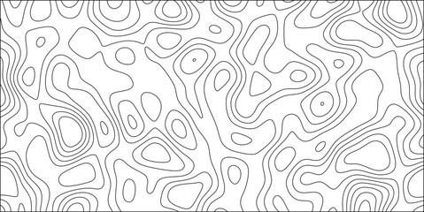 Abstract black and white contour line pattern illustrating topography or geographic features on a blank white background. the design has a seamless repeating element.