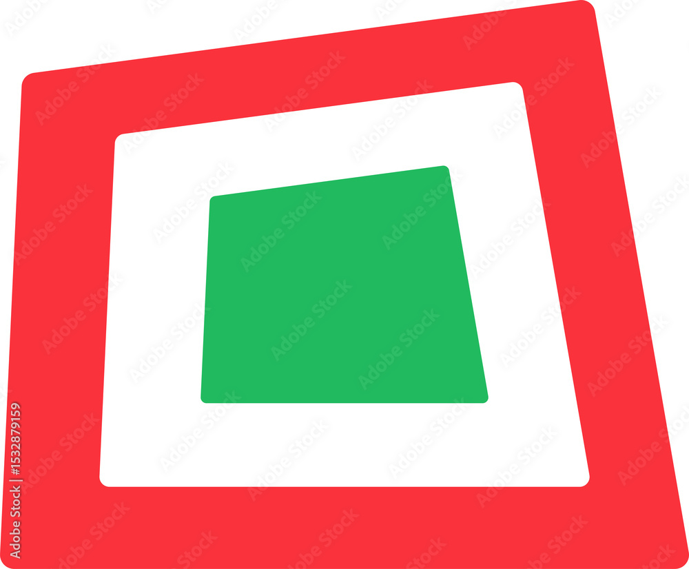 Poster flat design is showing rotated nested shapes on transparent bg with red frame gray green fill