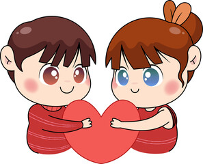 Two cartoon children are holding large red heart on transparent background, flat illustration