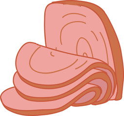 Pile of folded deli ham slices is being shown in stylized flat illustration, transparent background