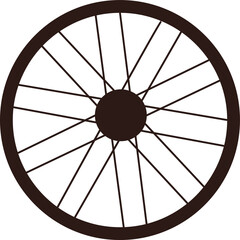 Bicycle wheel is being shown in flat design, with dark rim, spokes and hub, transparent background